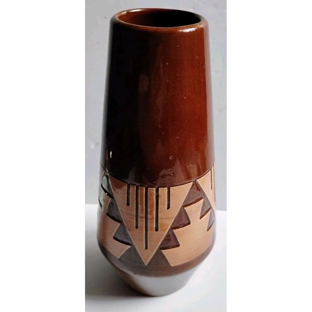 Vintage Ceramita Spain Studio Pottery Sgraffito Vase Geometric Terracotta Toledo